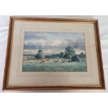 A framed & glazed watercolour of a Cotswold landscape by Peter Jones c1986, 36 x 36cm.