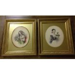 2 19th century hand coloured oval prints of young girls, one signed. In matching gilt and glazed