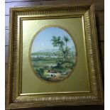A 19th century hand coloured oval print of a Continental landscape. Gilt framed & glazed. Frame size
