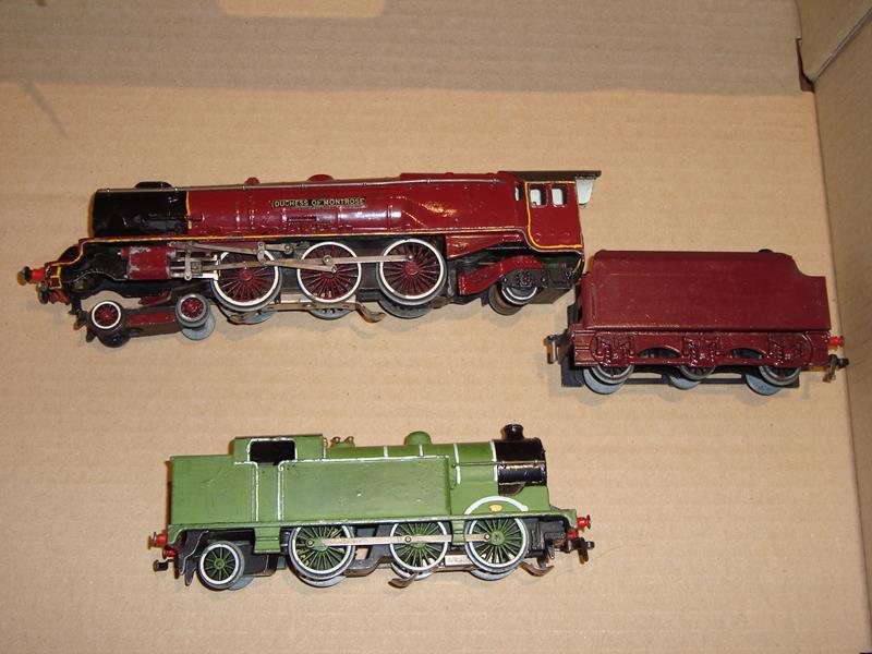 A pair of Hornby Dublo 3 rail repainted locos comprising a Duchess loco and tender and an N2 tank