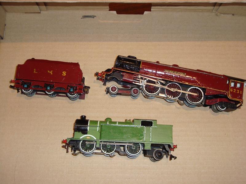 A pair of Hornby Dublo 3 rail repainted locos comprising a Duchess loco and tender and an N2 tank