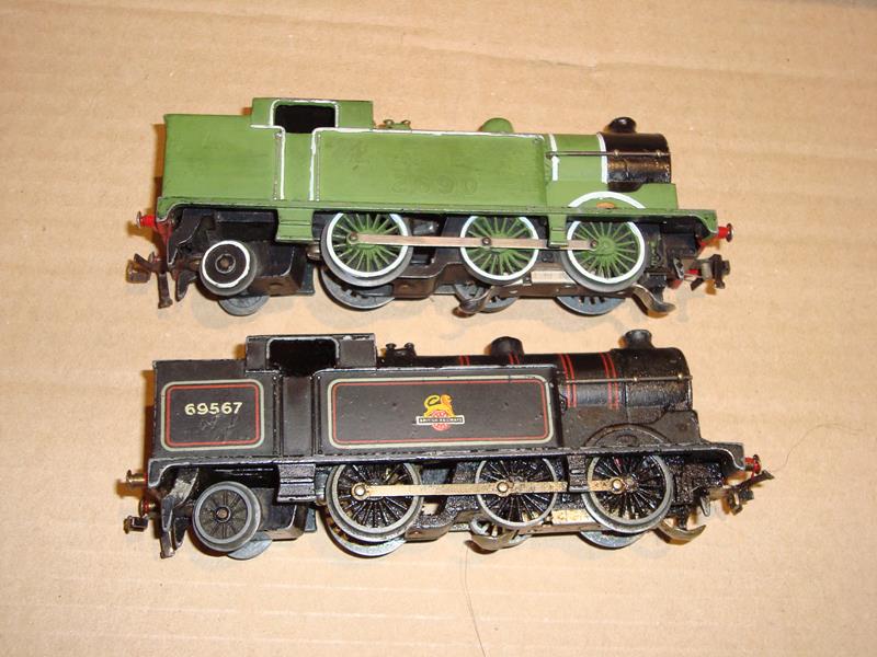 A pair of Hornby Dublo 3 rail N2 tank locos, one repainted, one in BR black livery.F (2)