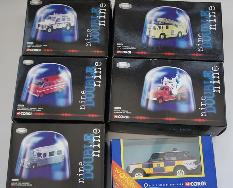 A group of Corgi 999 Series emergency vehicles E in G-VG boxes, together with a Corgi Police Range