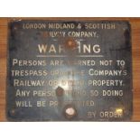 An enamel LMS sign warning against trespass. Generally P-F. (please note that this item is