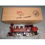 An ETS O Gauge 0-4-4-0 Mallet Type 2 rail steam locomotive in Sequoia Lumber Co red livery,