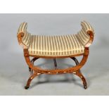 A late 19c x-frame rosewood stool, upholstered and bone and coloured wood inlaid with harebells,