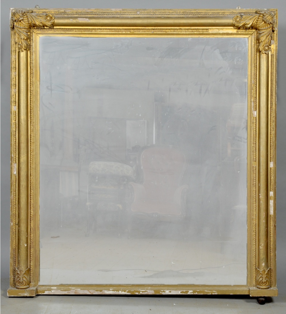 A 19c large giltwood and stucco overmantel mirror, 60" x 66".