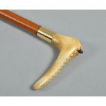 A Victorian riding crop with leather thong, carved horn handle and gold collar, 25.5"l.