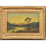 Unsigned - two figures under a pine tree in a loch side setting at sunset, 19c Scottish school,