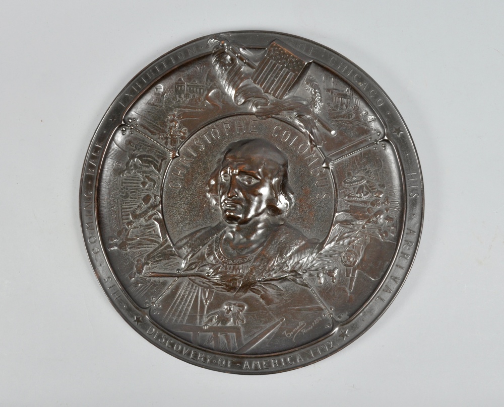 A late 19c exhibition of Chicago circular cast bronzed metal plaque of Christopher Columbus