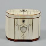 A George III ivory two compartment tea caddy of decagonal form, with silver and mother of pearl swag