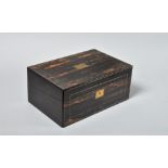 A Victorian coromandel writing box , brass line inlaid, folding with slope, tooled leather lined,