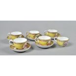 Six Meissen miniature cups and saucers of yellow ground, each with central print in puce