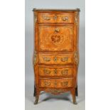 A 19c Louis XV style harewood marquetry secretaire a abattant of bombe form, with one upper drawer