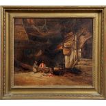 Unsigned - Norwich school, circa 1850, interior barn scene with fisherman and child mending nets,