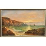 John Brett - seascape with cliffs, bay and distant sailing vessels, signed, oil on canvas, framed,