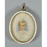 A 19c oval framed portrait miniature on ivory of a young child within a white enamel blue beaded