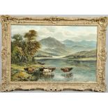 William Langley - highland cattle in a river setting, signed, oil on canvas, framed, 19" x 29".