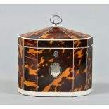 A George III tortoiseshell tea caddy of decagonal form with white bone line inlay and edging and