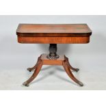 A late Georgian rosewood fold over pedestal card table , the table top of rectangular form with