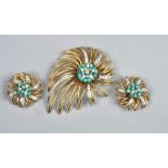 An 18ct gold diamond and turquoise set spray brooch and matching earrings.