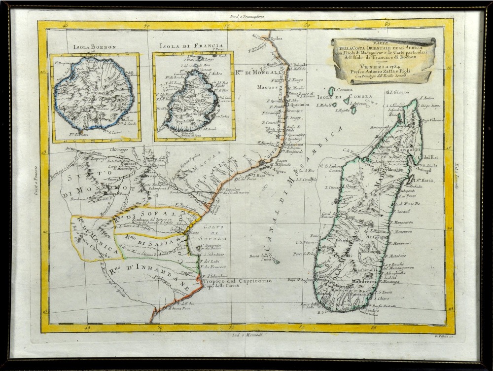 An Antonio Zatta antique map of the isle of Madagascar, Borbon, Francia with the coast of Africa,