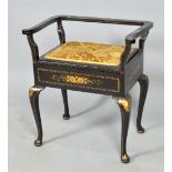 A late 19/early 20c black lacquered gilt and chinoisery decorated music seat , the upholstered