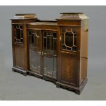 A late Victorian mahogany pedestal side cabinet , satinwood line inlaid, each pedestal with caddy