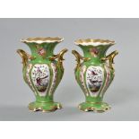 A pair of 19c Staffordshire lobed vases having frilled rims and gilt rococo handles with leaf