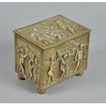 A mid 19c brass box of square form with lift off cover, panel cast with nymphs and putti, 6.25"w,