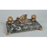 A late 19c French gilt bronze and verdigris marble encrier , the stand surmounted with a fox close