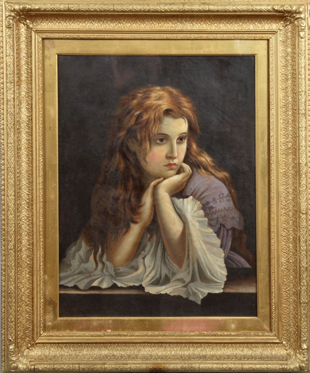 Unsigned - portrait of a lady with red hair, in deep thought, oil on canvas, framed and glazed,