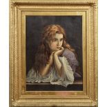 Unsigned - portrait of a lady with red hair, in deep thought, oil on canvas, framed and glazed,