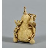 A 19c Oriental ivory snuff bottle carved as a prickly pear and surmounted by lovebirds and miniature