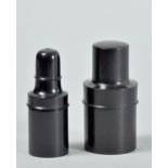 Two ebony metal medicine bottle holders together with bottles contained therein, 4" and 4.25"h.