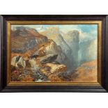 Clarence Roe 1870/1901 - a mountainous landscape with highland cattle on a pathway close to a