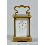 An early 20c French carriage clock, the slim movement constructed similarly to a watch and having