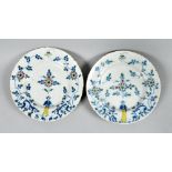 A pair of Bristol Delft polychrome plates painted in Niglett style with a Long Eliza design in blue,