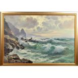 Guido Odiezna - a coastal seascape, signed, framed, oil on canvas, 38.5" x 58".