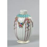 A Worcester oval tea canister of moulded form, painted with a Hop Trellis pattern, cover missing,