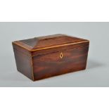 A George III inlaid mahogany sarcophagus two compartment tea caddy , 9.25"w.