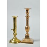 Two 18c candlesticks, one with stepped circular base and with ejector, the other with square stepped