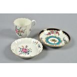 A Worcester fluted coffee cup and saucer painted with a spray of flowers, a/f, square fret mark to