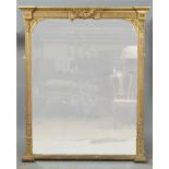 A 19c giltwood overmantel mirror with side column designs with garland and fruiting vine pediment,