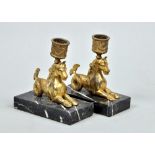 A pair of Victorian sea horse candlesticks on marble bases, 6"h.