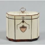 A George III ivory two compartment tea caddy of decagonal form, with gold and mother of pearl swag