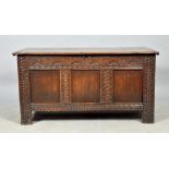 A late 17c carved oak three panel coffer , 54"w, 28"h.