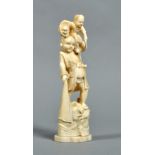A Japanese carved ivory figure of a fisherman with a child on the left shoulder, 10"h.