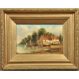 J Hammond 1893 - cottages and boats in a quiet inlet with figures on the beach, signed, oil on