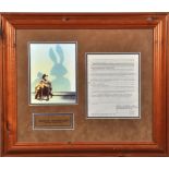 A signed Jimmy Stewart document , framed with a photographic print and plaque, document signed '